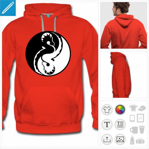 Hoodie rouge homme personnalisé avec un design yin yang plein composé de deux dragons.
