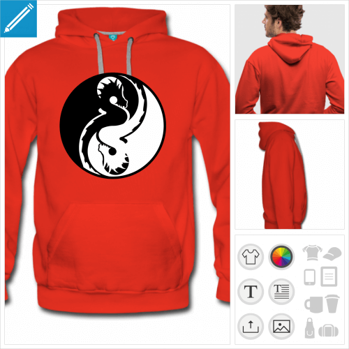 Hoodie rouge homme personnalis avec un design yin yang plein compos de deux dragons.