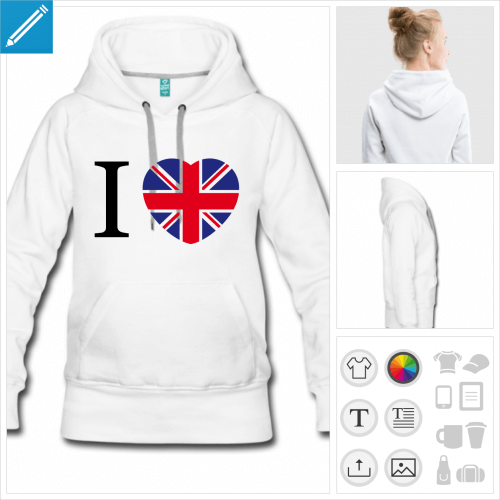 sweat à capuche coeur uk personnalisable, impression à l'unité