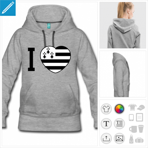 sweat-shirt gris drapeau breton personnalisable, impression à l'unité