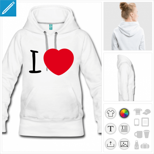 sweat-shirt  capuche I love coeur  personnaliser et imprimer en ligne