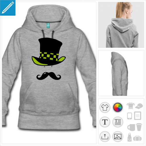 sweat-shirt gris moustache chapelier  imprimer en ligne