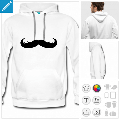 hoodie blanc moustache bouriffe  imprimer en ligne