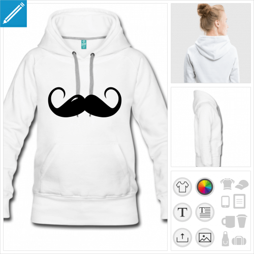 hoodie femme moustache boucle  personnaliser, impression unique