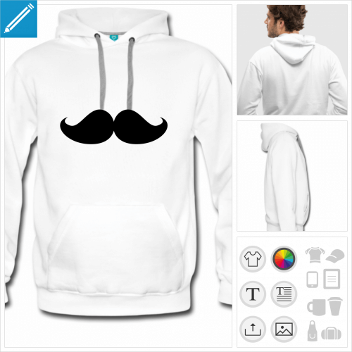 hoodie homme moustache hipster personnalisable, impression  l'unit