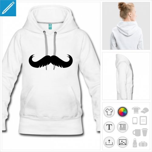 hoodie blanc moustache humour personnalisable, impression  l'unit