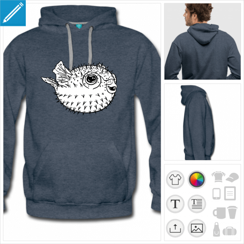 sweat-shirt homme puffer fish  personnaliser, impression unique