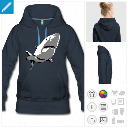 hoodie noir requin blanc  personnaliser et imprimer en ligne