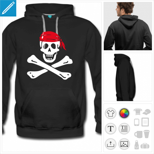 hoodie noir drapeau pirate personnalisable, impression  l'unit