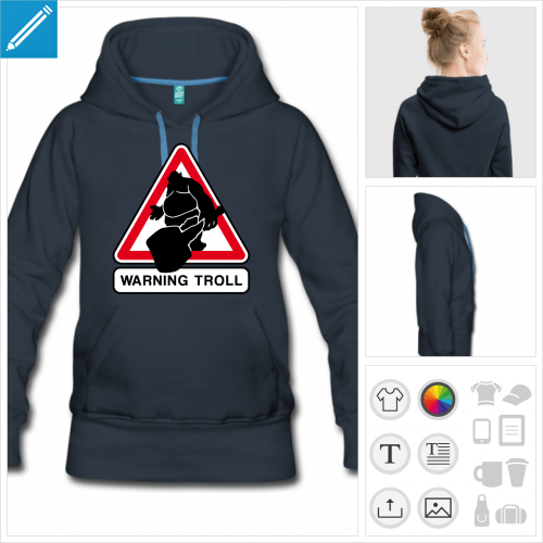 hoodie femme attention troll  imprimer en ligne