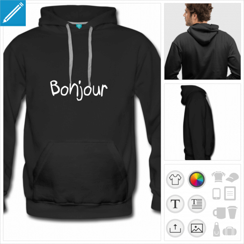 hoodie noir matin personnalisable, impression  l'unit