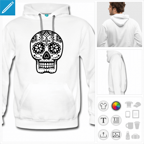 Hoodie contraste bleu et intrieur capuche gris, motif crne mexicain transparent et fleurs noires.