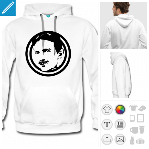 Sweat  capuche gris pour homme avec portrait de Nikola Tesla en contours et fond transparent sur le devant.