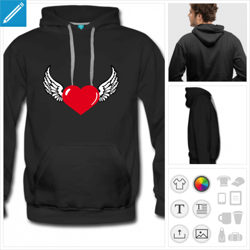 hoodie noir coeur ailes  imprimer en ligne