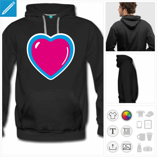 hoodie noir coeur bijou  personnaliser en ligne