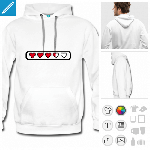 hoodie blanc coeur pixel  personnaliser, impression unique