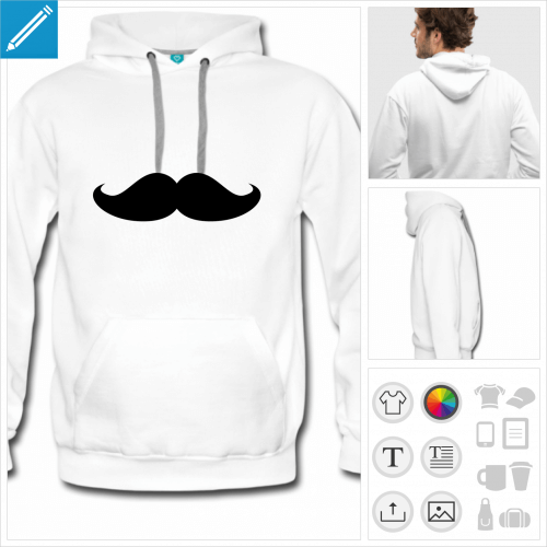 sweat-shirt homme moustache hipster personnalisable, impression  l'unit