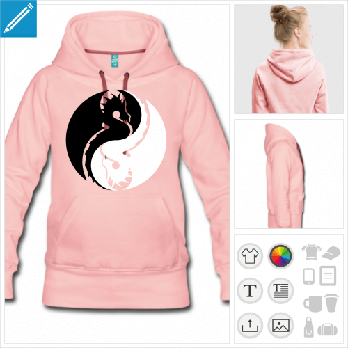 Sweatshirt  capuche pour femme couleur bordeau et symbole yin yang chinois compos de deux dragons symtriques lovs l'un contre l'autre.