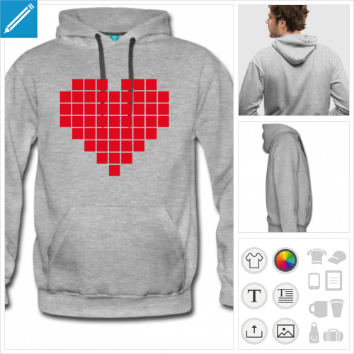 hoodie homme coeur pixel  personnaliser, impression unique