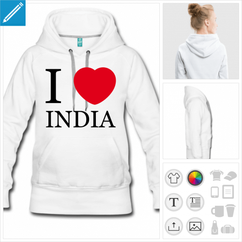 sweat-shirt  capuche I love India  personnaliser, impression unique