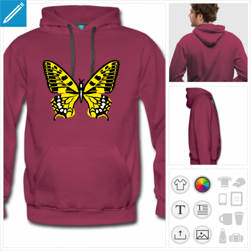 hoodie bordeau papillon personnalisable, impression  l'unit