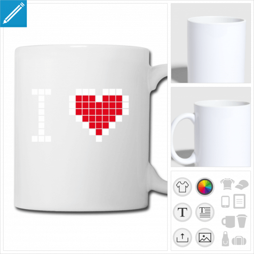 mug blanc coeur pixels  personnaliser, impression unique