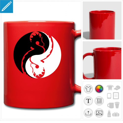 Mug rouge en cramique orn du symbole chinois Yin Yang dont chaque moiti est compose d'un dragon.