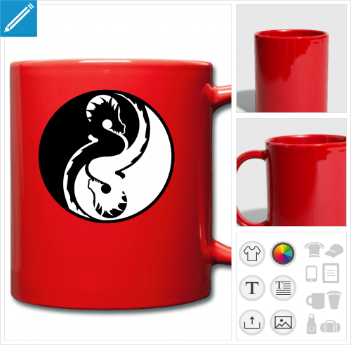 Mug rouge personnalisé avec un symbole yin yang composé d'un cercle contenant deux dragons stylisés symétriques et inversés.