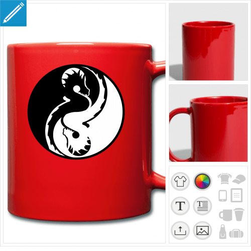 Mug rouge personnalis avec un symbole yin yang compos d'un cercle contenant deux dragons styliss symtriques et inverss.