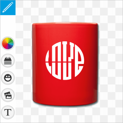 Mug cramique rouge personnalis avec un design typographique en forme de cercle compos des lettres LOVE.