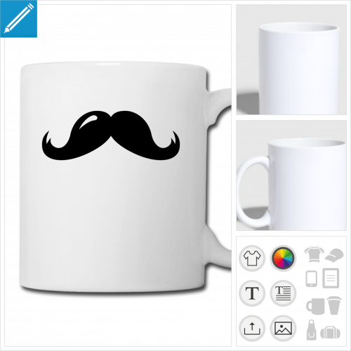 mug moustache reflet personnalisable, impression  l'unit