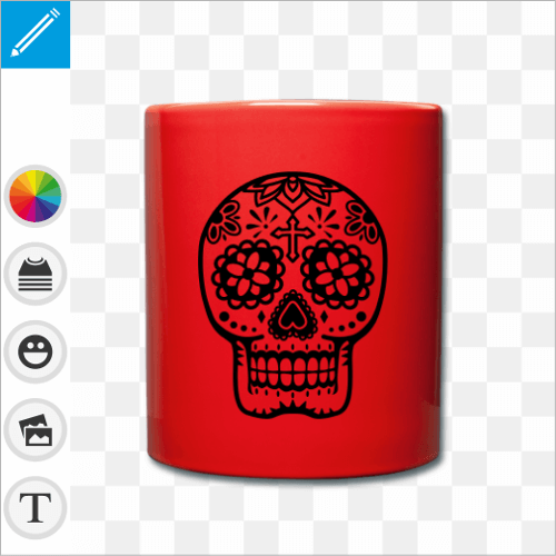 Mug personnalis en cramique, rouge bleu jaune ou noir au choix, avec un motif mexicain crne rond et fleuri.