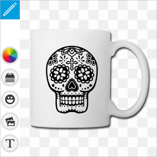 Tasse  anse fine et motif crne mexicain fleuri dessin en contours et sans fond.