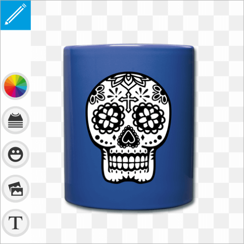 Tasse bleue cramique orne d'une tte de mort mexicaine personnalisable.