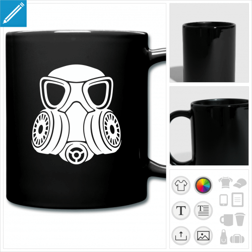 Tasse cramique personnalise avec un design masque  gaz stylis noir sur fond rouge.