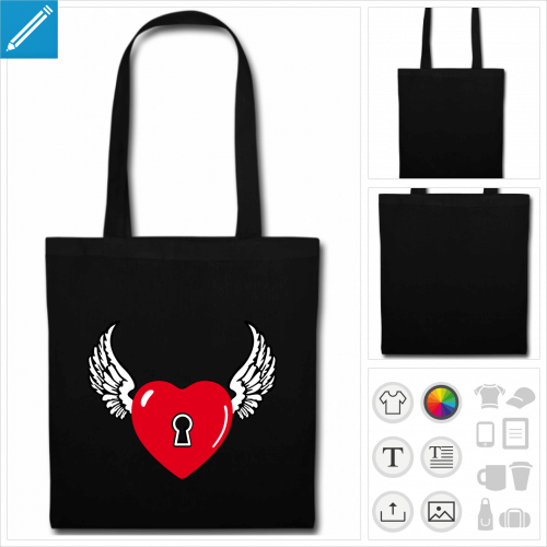 sac tote bag noir coeur personnalisable, impression  l'unit