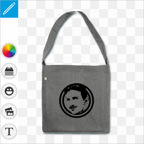 Sac Nikola Tesla gris cendr avec anse longue extra large, sac personnalis geek.