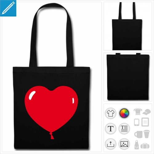 sac tote bag noir ballon coeur  personnaliser et imprimer en ligne