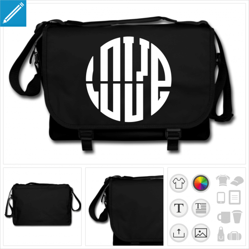 Sac de cours noir  bandoulire personnalis avec un motif typo graphique, cercle compos des lettres LOVE.