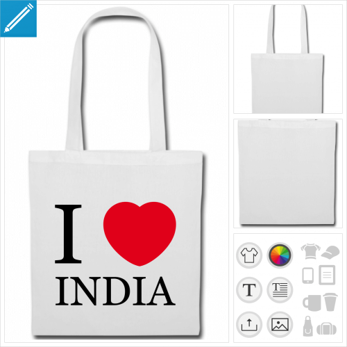 sac tissu I love India personnalisable, impression  l'unit