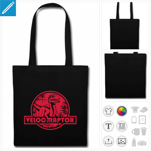 sac tissu noir velociraptor  personnaliser et imprimer en ligne