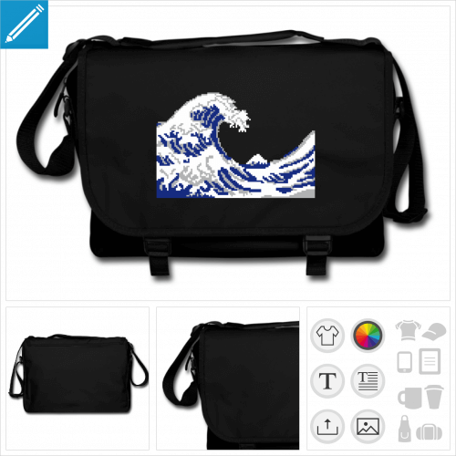 sac de cours hokusai pixel art à personnaliser et imprimer en ligne