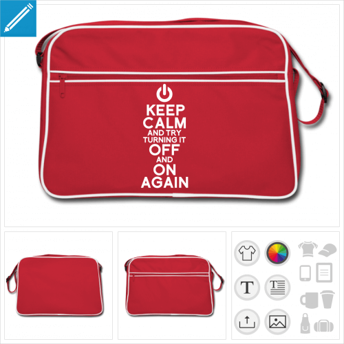 sac retro rouge à cutures blanches et bandoulière, motif keep calm nerd et blague turning it off and on again