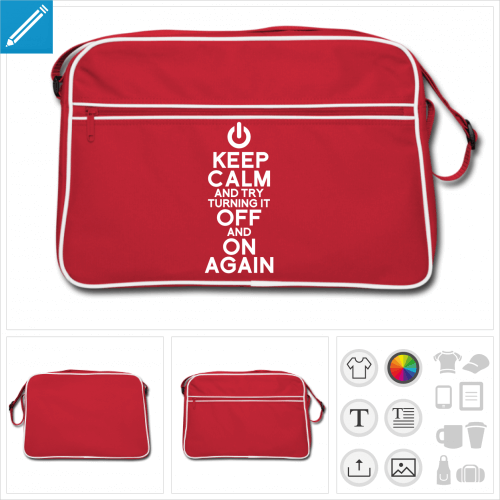 sac retro rouge  cutures blanches et bandoulire, motif keep calm nerd et blague turning it off and on again