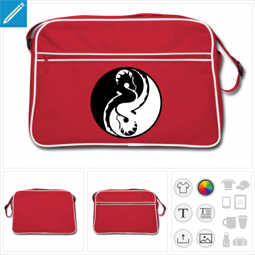 Sac rtro styl rouge et dragons inverss formant un cercle yin yang.