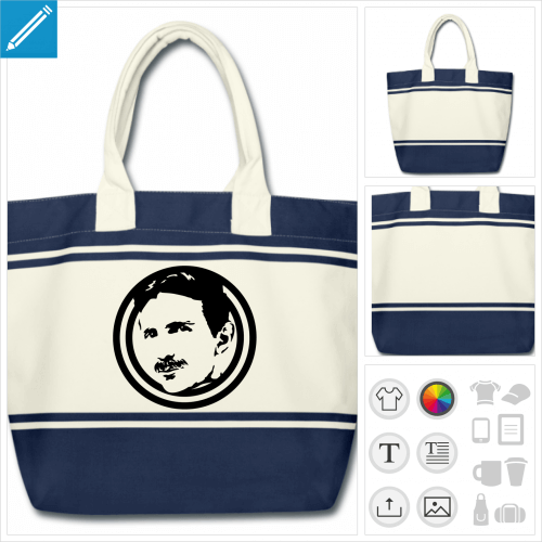 Sac cabas  larges bandes de couleur et anses extra solides, avec un portrait une couleur de Nikola Tesla.