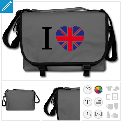 sac bandoulière I love Angleterre personnalisable, impression à l'unité