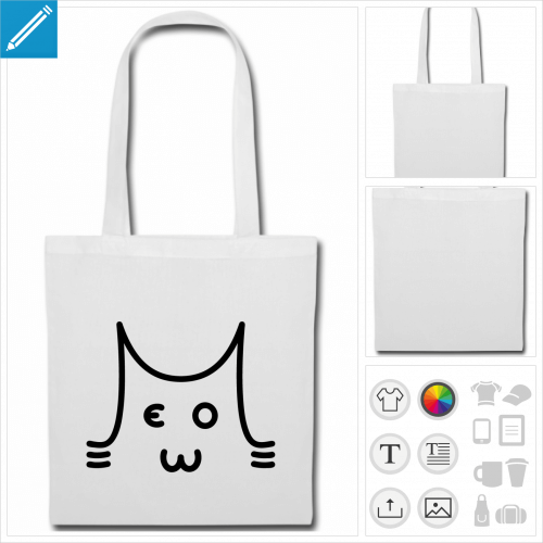 sac tote bag noir chat meow personnalisable, impression  l'unit