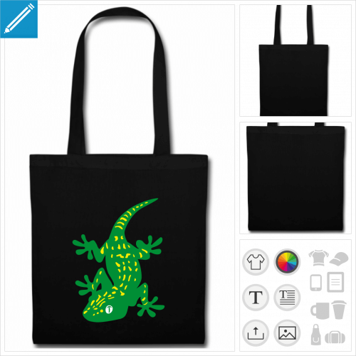 sac tote bag noir gecko personnalisable, impression  l'unit