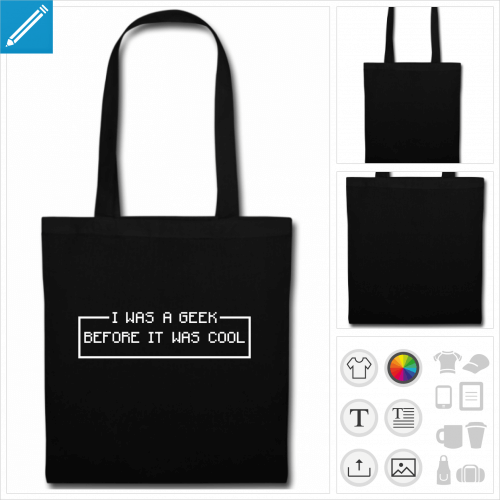 sac tote bag noir geek personnalisable, impression  l'unit